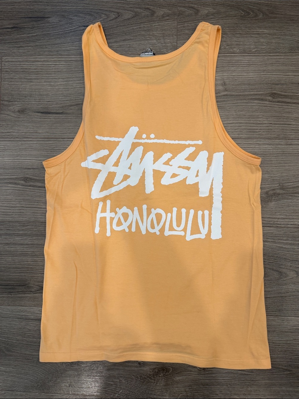 Peach w/ White Font Stüssy Honolulu Chapter Cut Tag Tank Top Men’s Size Medium